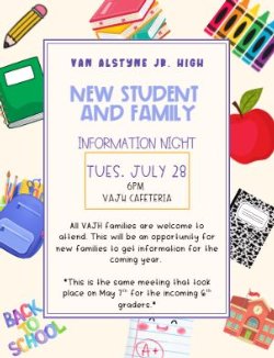 Flyer for New student and family information night on July 28th at 6pm.